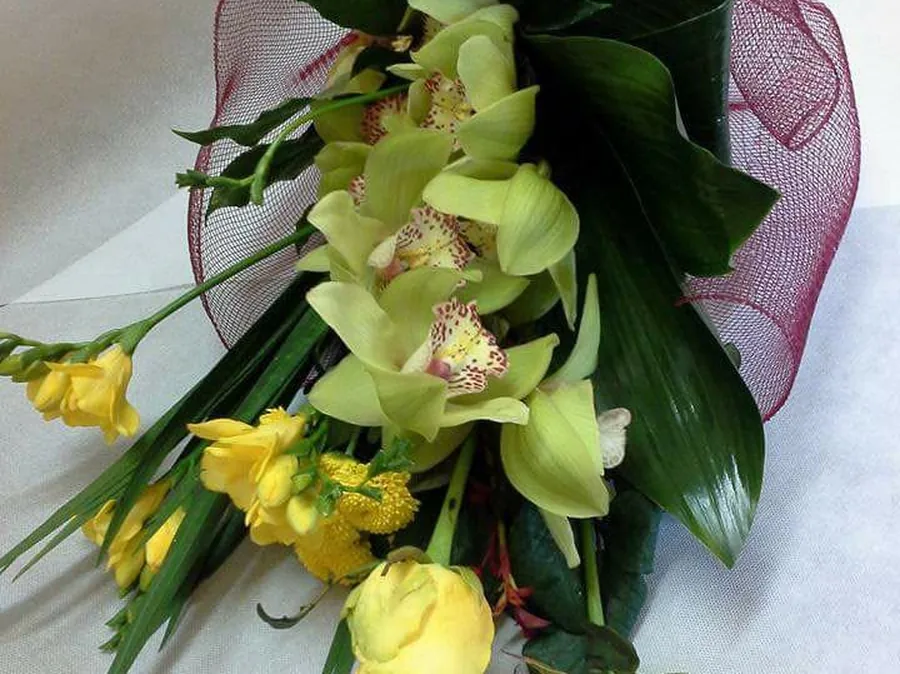 Buchet cu orhidee cymbidium verzi, frezii și trandafiri galbeni, în tul bordo