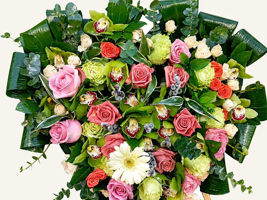 Coroană funerară cu trandafiri roz, orhidee și gerbera albă, pe șevalet